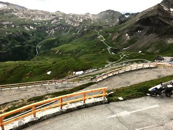 High angle view of road by mountain against sky