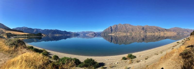 Panoramic view of lake and mountains against clear blue sky