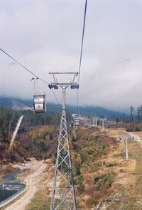 Overhead cable car on landscape against sky