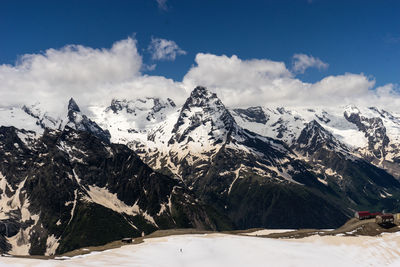 Scenic view of snow covered mountains against sky