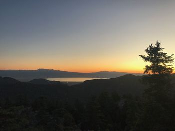 Scenic view of silhouette mountains against clear sky at sunset