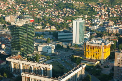 High angle view of buildings in city