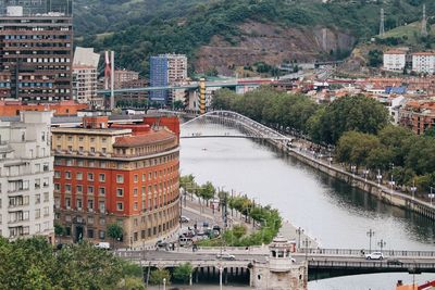 High angle view of bridge over river amidst buildings in city