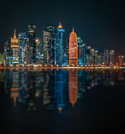 Reflection of illuminated buildings in city at night