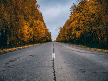 Road amidst trees against sky during autumn