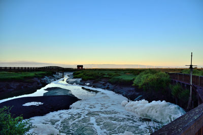 Scenic view of river against clear sky during sunset