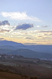 High angle view of landscape against sky during sunset