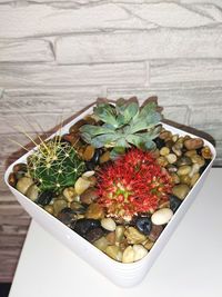 High angle view of fruits in bowl on table