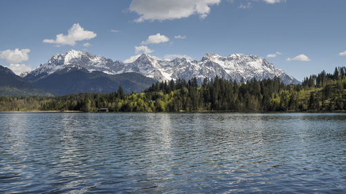 Scenic view of lake and mountains against sky