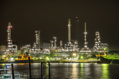 Illuminated factory against sky at night