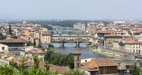 High angle view of river amidst buildings in town against sky