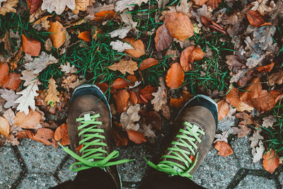 Low section of man standing on autumn leaves