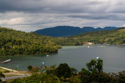 Scenic view of bay against sky