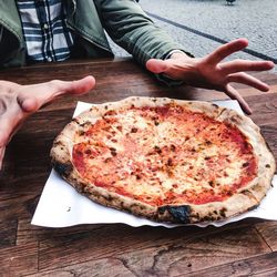 High angle view of pizza on table