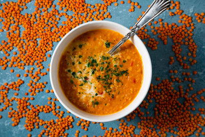 Directly above shot of soup in bowl on table