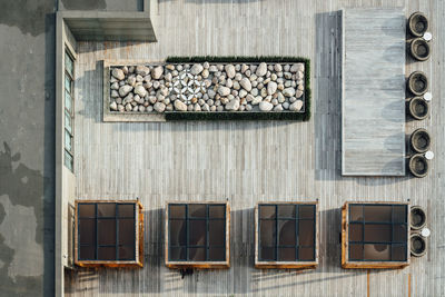 High angle view of stack on wooden table