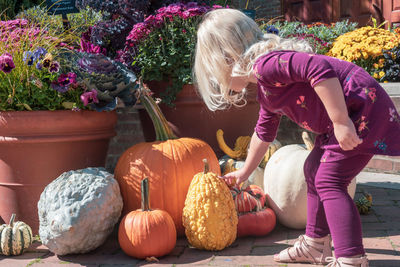 Side view of girl touching pumpkins while standing outdoors