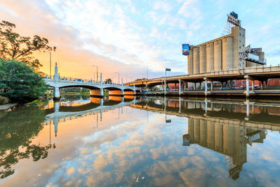 Bridge over river by buildings against sky in city