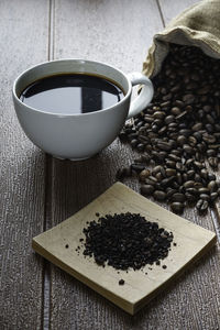 High angle view of coffee cup on table