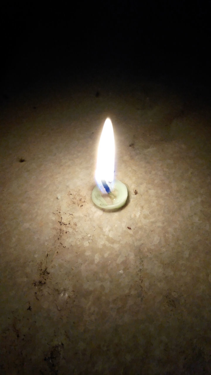 HIGH ANGLE VIEW OF BURNING CANDLE