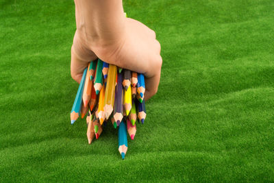 Cropped hand of person holding colored pencils on carpet