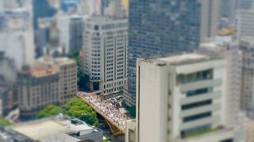 High angle view of modern buildings in city