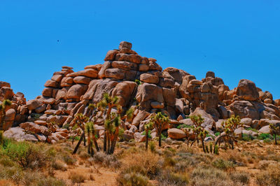 Low angle view of rocks against clear blue sky