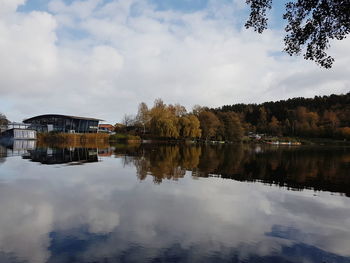 Reflection of trees in lake against sky
