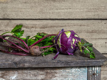 Autumn harvest. kohlrabi cabbage, small beets and greens