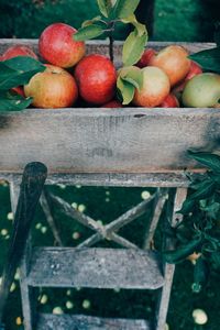 High angle view of apples in crate