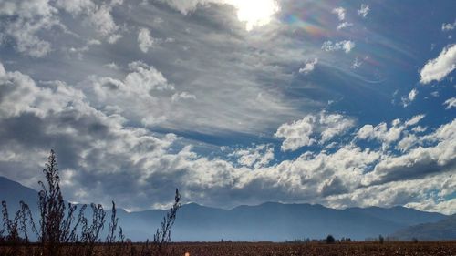 Scenic view of field and mountains against sky