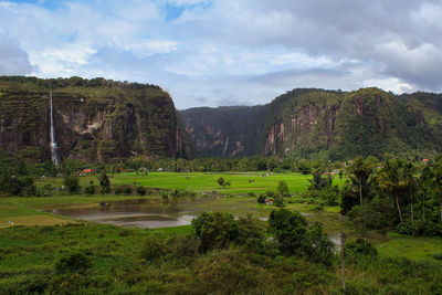 Scenic view of green landscape against sky