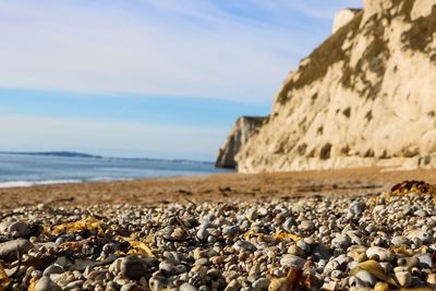 Rocks on beach against sky