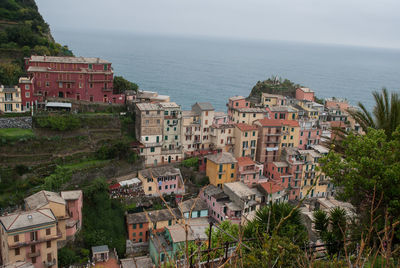 High angle view of houses on coast