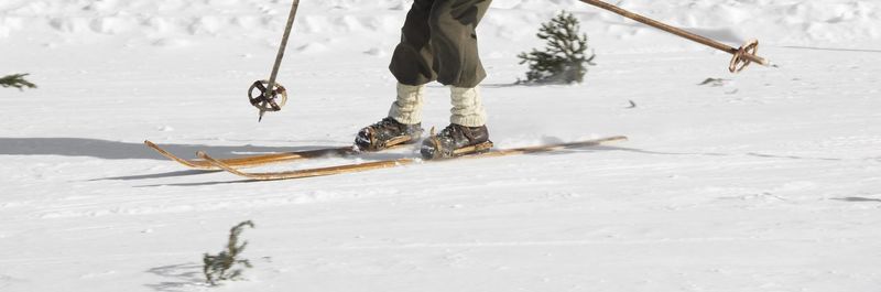 Panoramic shot of person skiing on snow covered field