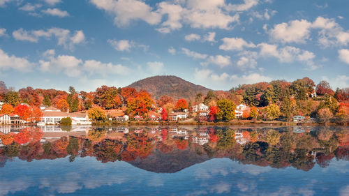 Scenic view of lake by buildings against sky