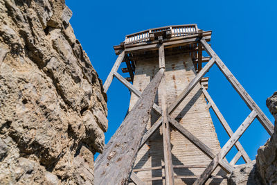 Low angle view of old building against clear blue sky