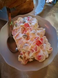 High angle view of dessert in plate on table