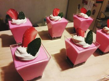 Close-up of cake served on table