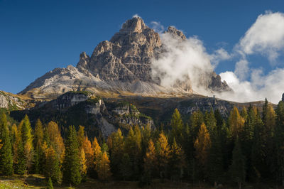 Scenic view of waterfall against sky during autumn