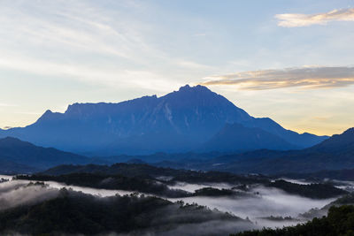 Scenic view of mountains against sky during sunset