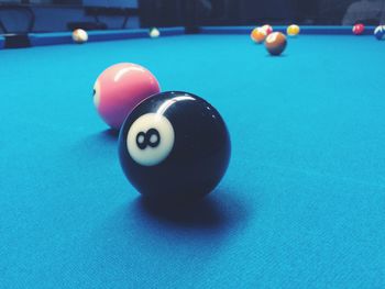 High angle view of balls on pool table