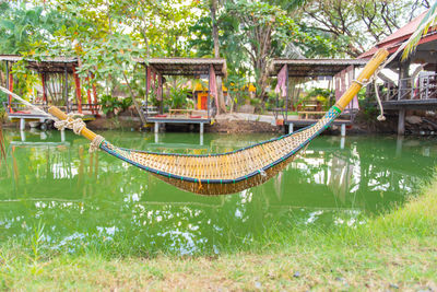 Boat moored in lake