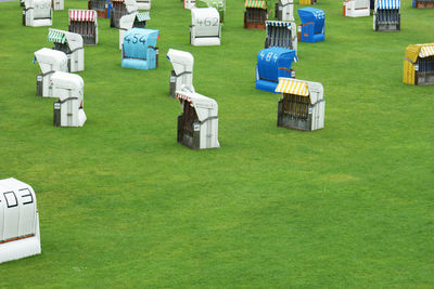 High angle view of chairs on table