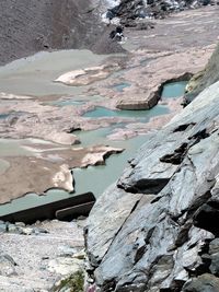 High angle view of water and rock formations at grossglockner during sunny day