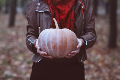 Midsection of man holding pumpkin while standing on land