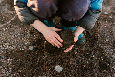 Low section of boy holding rock while crouching on sand