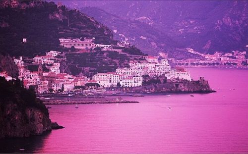 View of townscape with sea in background