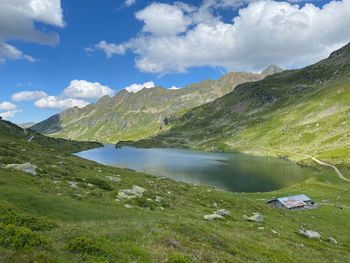 Scenic view of lake and mountains against sky