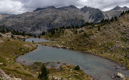 Scenic view of lake and mountains against sky